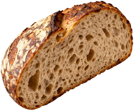 Sourdough half with an open, airy crumb