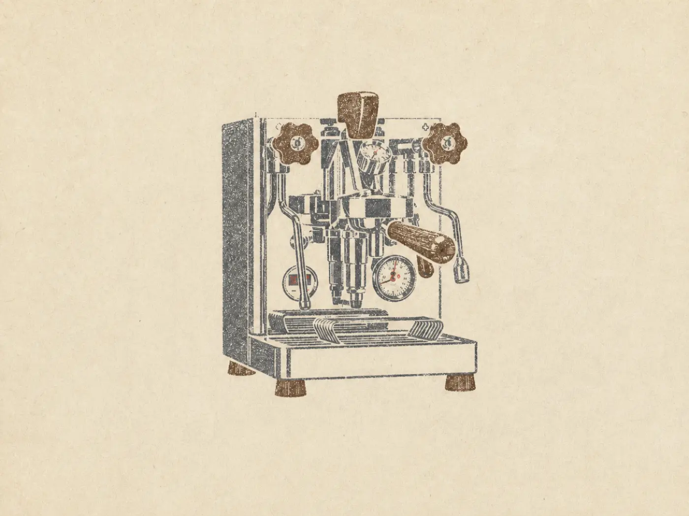A rubber-stamp field-note illustration of an espresso machine