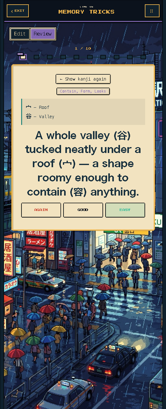 Memory Tricks kanji lesson in a rainy pixel-art city
