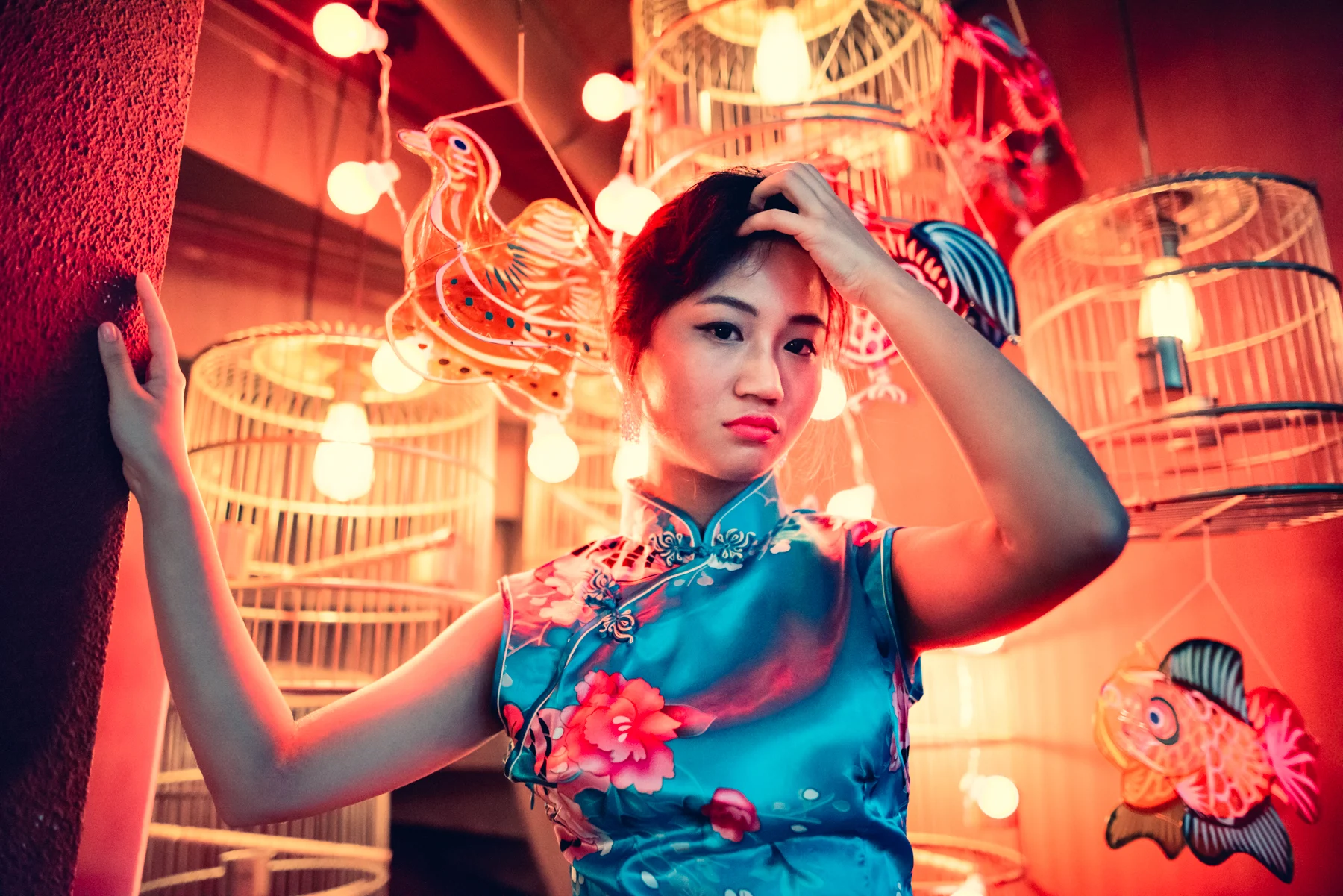 Portrait in a vivid lantern-lit interior